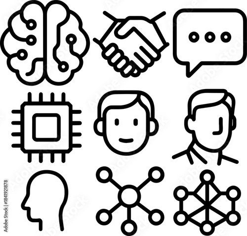 Illustrative icons depicting artificial intelligence human connection brain function and communication concepts in a simplified outline style high-quality professional detailed