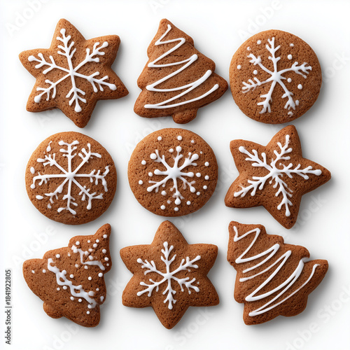 gingerbread christmas cookies with icing on white background
