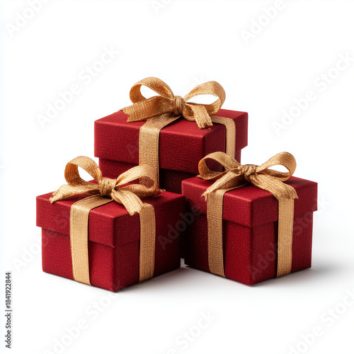 red gift boxes with golden ribbons on white background
