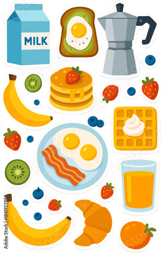 A delightful assortment of breakfast foods including milk bread fruit eggs pancakes waffles and a croissant high-quality professional detailed modern