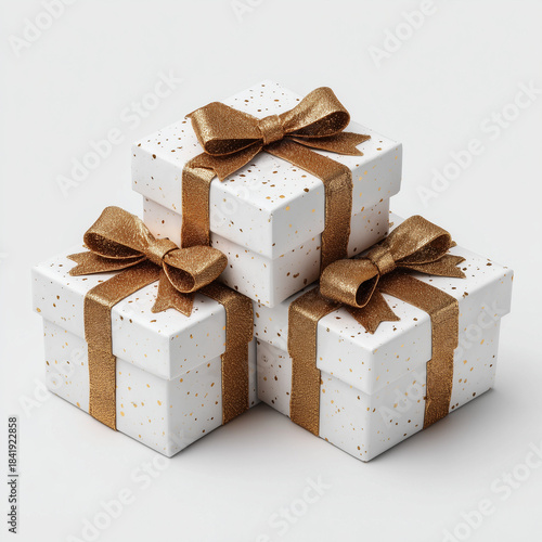 gold gift boxes with confetti on white background
