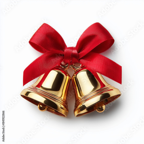 gold christmas bells with red ribbon on white
