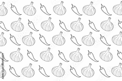 Monochrome Garlic Chili Outline Pattern for Spicy Kitchen Decor