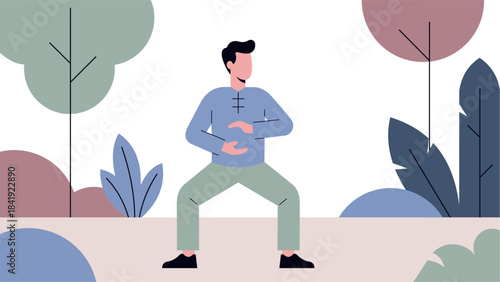 Pastel Flat Design Tai Chi Illustration in a Modern Abstract Park
