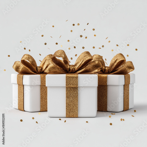gold gift boxes with confetti on white background
