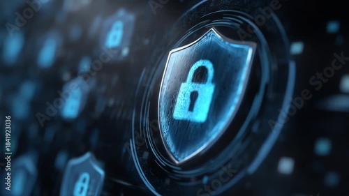 A digital shield with a glowing padlock at its center, surrounded by concentric circles and a blurred background of similar symbols, suggesting digital security and protection