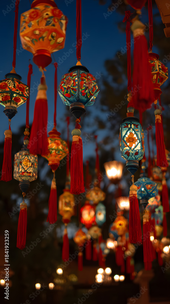 Naklejka premium Colorful Chinese lanterns with decorative tassels glowing in the night for festive Lunar New Year celebration ambiance