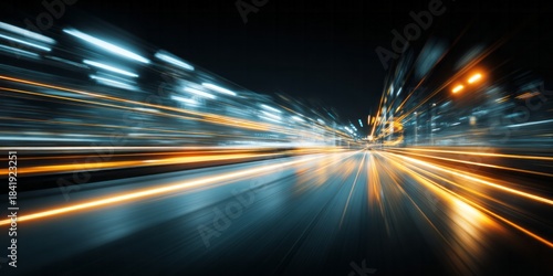 Streaking lights on a dark road suggest rapid movement and urban speed.