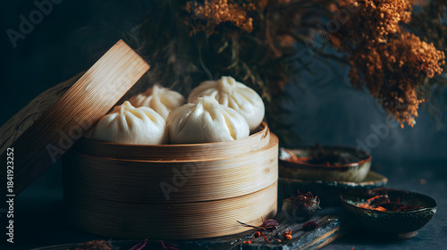 Delicious steamed buns in a bamboo steamer surrounded by herbs and flowers for authentic Chinese Lunar New Year dining experience