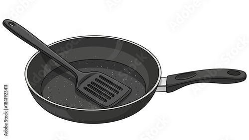 A grayscale illustration of a frying pan with a spatula inside, isolated on white background