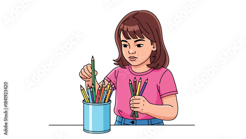 A young girl with brown hair and pink shirt arranges colorful pencils in a container