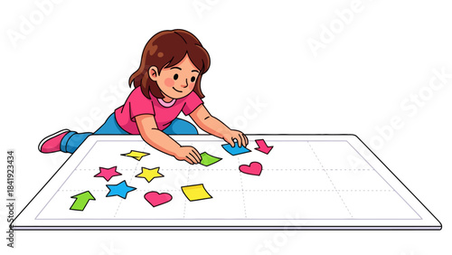 A child is placing colorful shapes on a grid, possibly for an educational activity or game