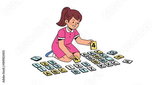 A smiling child kneels and plays with number/letter tiles. A pink dress is visible