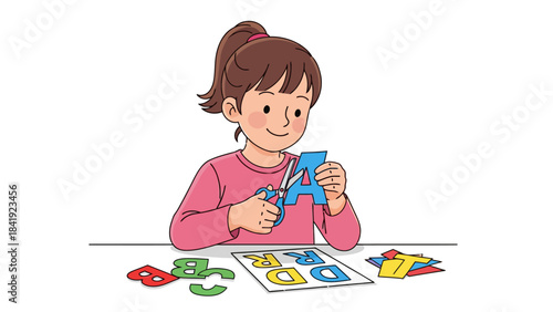 A young girl, wearing pink, cuts the letter "A" from paper using scissors. Various letters and paper scraps