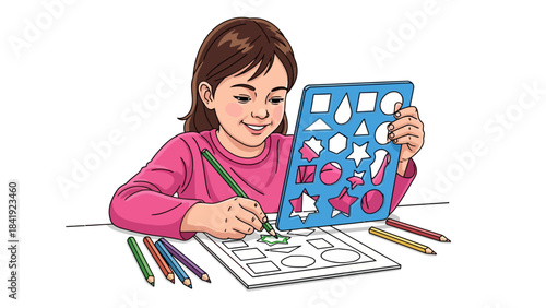 A smiling child uses a stencil to draw shapes, holding a green pencil and surrounded by crayons