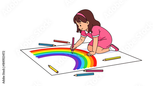 A young girl, kneeling, creates a colorful rainbow using crayons on a large piece of paper
