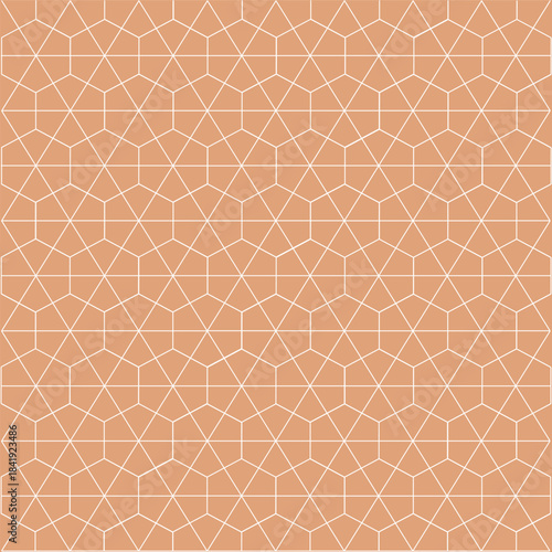 Seamless geometric tiling with interlocking pentagon and triangle shapes. Clean aestheticlattice. Minimalistic modern architectural pattern. White lines on a peach pink dusty rose  background. Vector