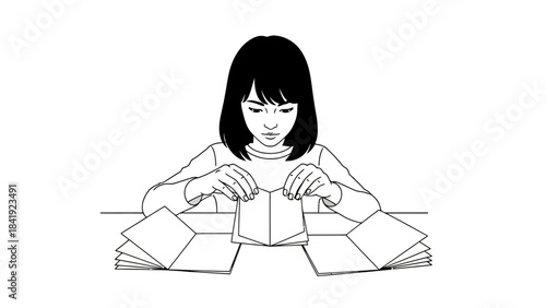 A person with dark hair sits at a table, hands folding paper. Several stacks of paper visible