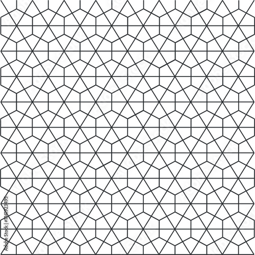 Seamless geometric tiling with interlocking hexagon and triangle shapes . Clean monochrome lattice. Minimalistic modern architectural pattern. Black lines on a white background. Vector