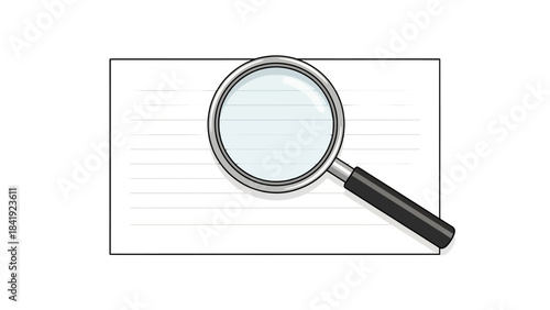 A magnifying glass examines lined paper with a black handle, showing detail and the act of scrutiny