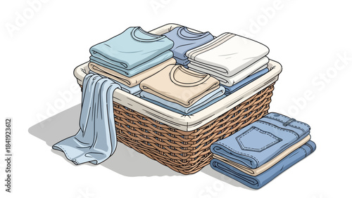 Illustration of a laundry basket overflowing with folded clothes, alongside stacked jeans