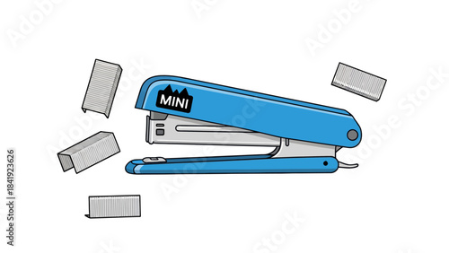 A cartoon-style illustration of a blue stapler and several stacks of staples against a white background