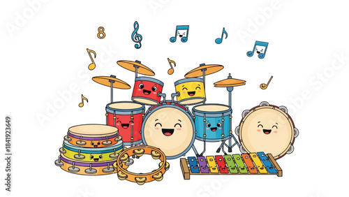 A whimsical illustration featuring musical instruments with smiling faces and music notes on white background