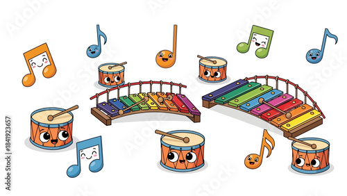 Cartoon-style illustration of musical instruments, including drums, xylophones, and music notes
