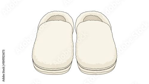 Pair of cream-colored indoor slippers with soft faux fur trim and solid dark soles