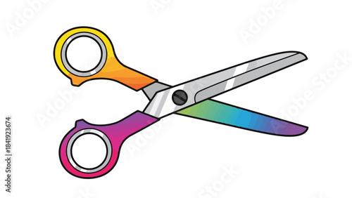 A cartoon scissor illustration featuring a rainbow gradient on the handles and blades