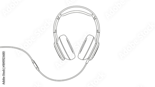 An illustration of a pair of over-ear headphones with a connected wire and inline controls