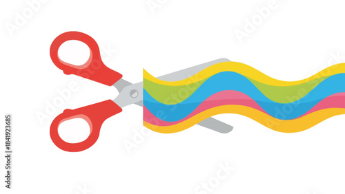 A red handled pair of scissors cutting through a colorful, wavy, layered design