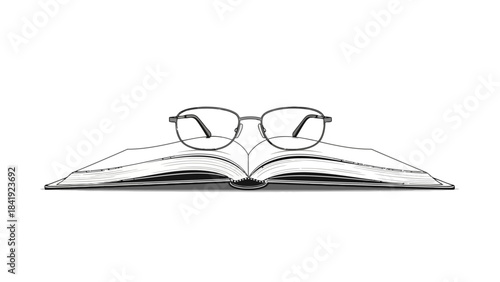 Black and white illustration of an open book with glasses resting on the open pages