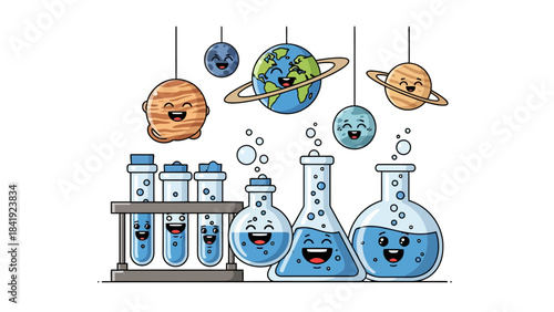 Cartoon illustration featuring smiling planets suspended above smiling laboratory equipment
