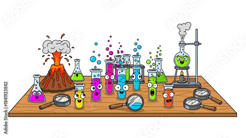 Cartoon-style laboratory scene featuring a erupting volcano, bubbling beakers, and magnifying glasses