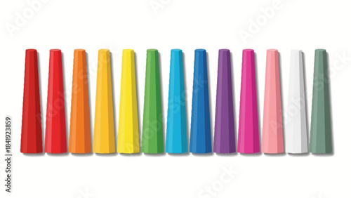 A row of colorful, textured, conical shapes, resembling art supplies, against a white background