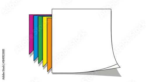 A stack of colorful papers with the top sheets slightly curved to reveal the edges