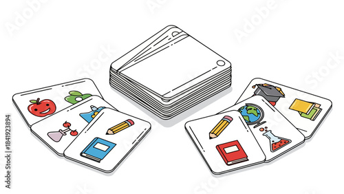A stack of blank cards with educational illustrations spread around. School elements are visible