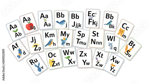 Cards featuring uppercase and lowercase alphabet letters, paired with illustrations of animals and objects