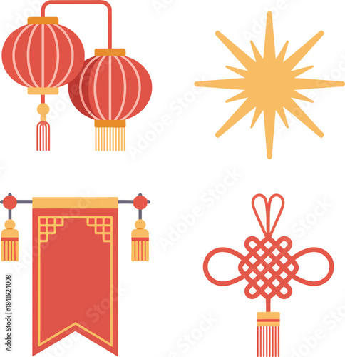 Flat lay of traditional Chinese New Year decorations including lanterns, a banner, and other festive elements in red and gold on a white background.