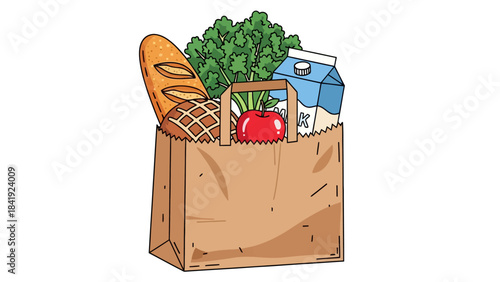 A cartoon-style illustration showing a brown paper bag overflowing with groceries like bread, apple, and milk