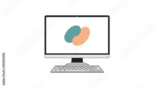 A flat-design computer setup with a screen displaying two colored shapes, and keyboard