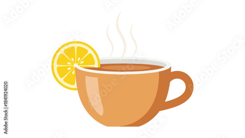 Illustration of a warm beverage in a mug with a lemon slice and steam rising up