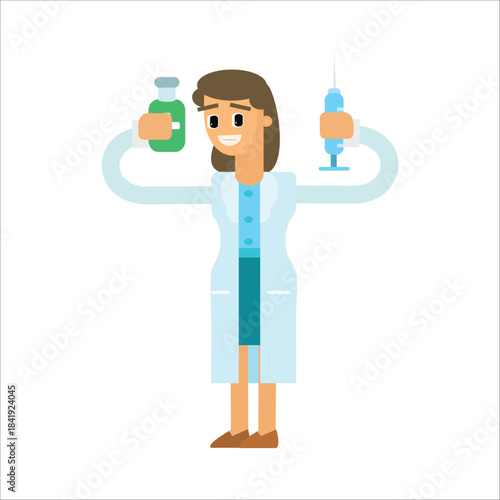 Female doctor holding a medicine bottle and a syringe, vaccination concept