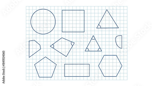 A collection of various geometrical shapes, including circle, square, triangle, and hexagon, on graph paper
