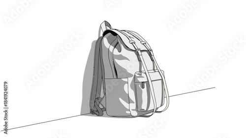 A grayscale illustration of a backpack leaning against a wall, minimalist style