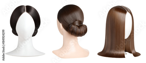 Elegant Wigs Displayed on Mannequins for Dance Stage Performances in High Detail