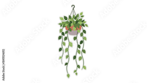 A stylized illustration of a hanging houseplant with trailing vines and lush green foliage