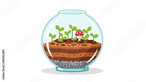 A cartoon illustration of a terrarium with plants, a mushroom, and various layers of soil