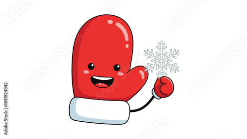 A cartoon mitten character, red with white trim, holding a snowflake and smiling